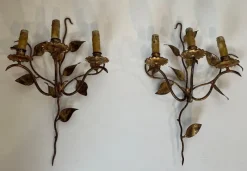 Discount Pamono Gilded Metal Wall Lights with 3 Light Arms and Leaf Decorations, Set of 2