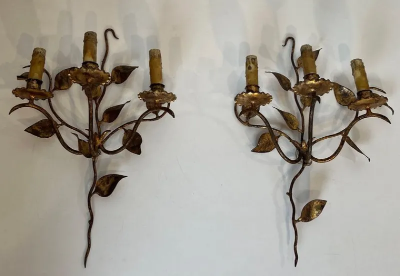 Discount Pamono Gilded Metal Wall Lights with 3 Light Arms and Leaf Decorations, Set of 2