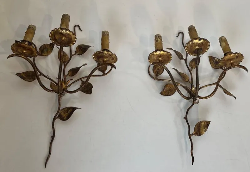 Discount Pamono Gilded Metal Wall Lights with 3 Light Arms and Leaf Decorations, Set of 2