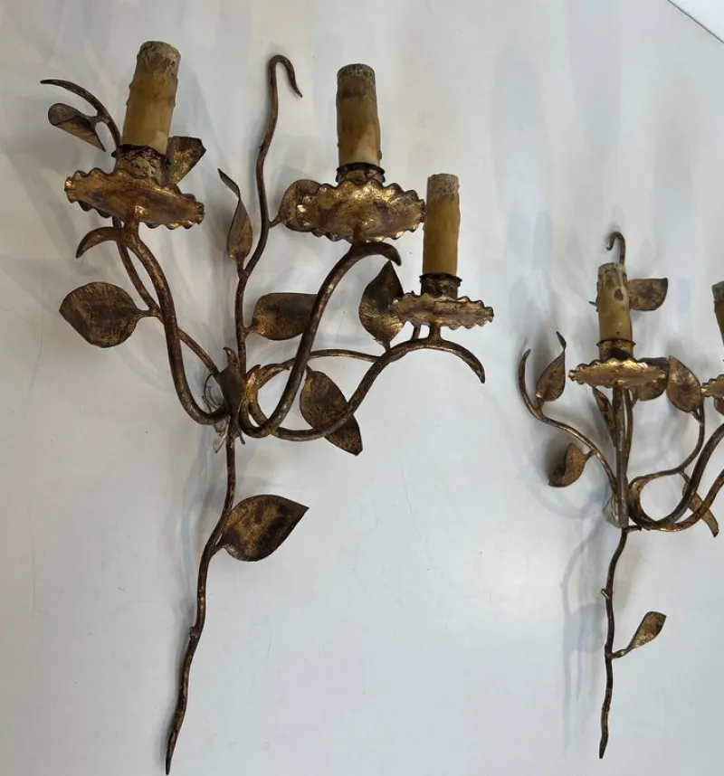 Discount Pamono Gilded Metal Wall Lights with 3 Light Arms and Leaf Decorations, Set of 2