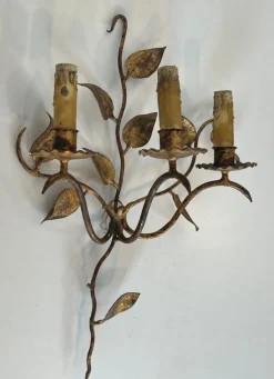 Discount Pamono Gilded Metal Wall Lights with 3 Light Arms and Leaf Decorations, Set of 2