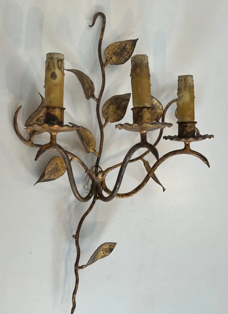 Discount Pamono Gilded Metal Wall Lights with 3 Light Arms and Leaf Decorations, Set of 2