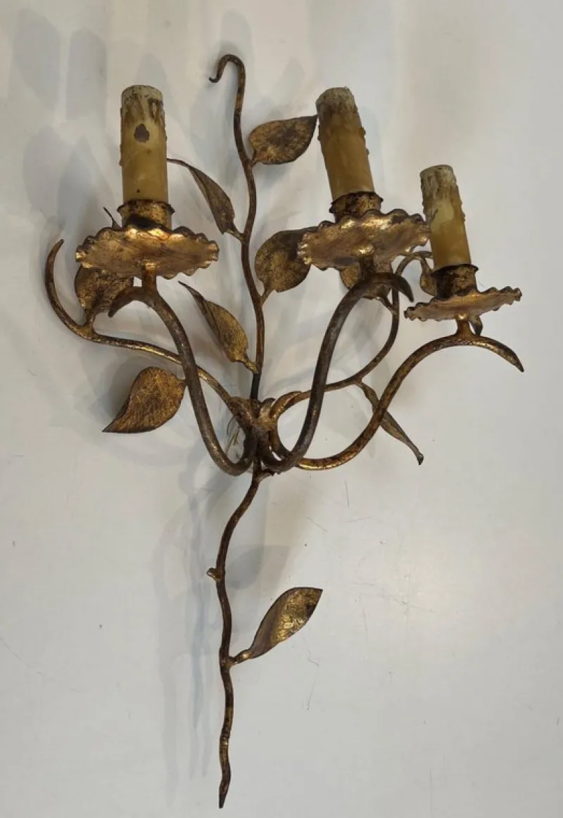 Discount Pamono Gilded Metal Wall Lights with 3 Light Arms and Leaf Decorations, Set of 2