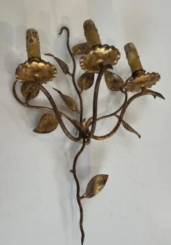 Discount Pamono Gilded Metal Wall Lights with 3 Light Arms and Leaf Decorations, Set of 2