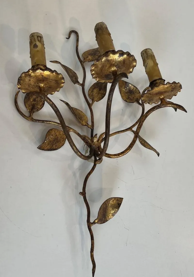 Discount Pamono Gilded Metal Wall Lights with 3 Light Arms and Leaf Decorations, Set of 2