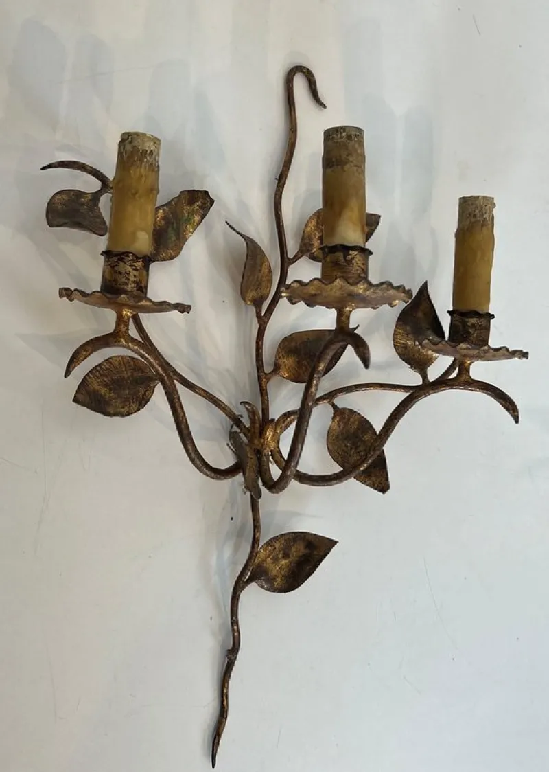Discount Pamono Gilded Metal Wall Lights with 3 Light Arms and Leaf Decorations, Set of 2