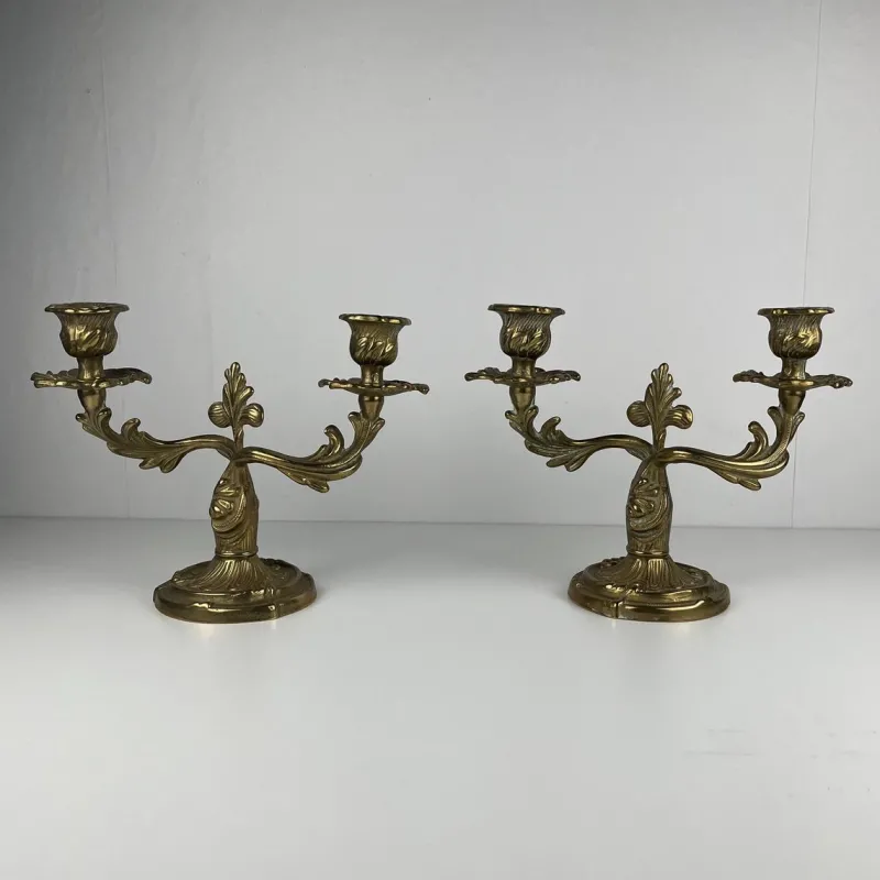 Pamono Gilt Brass Candlesticks with Two Arms, 1920s, Set of 2> Candleholders