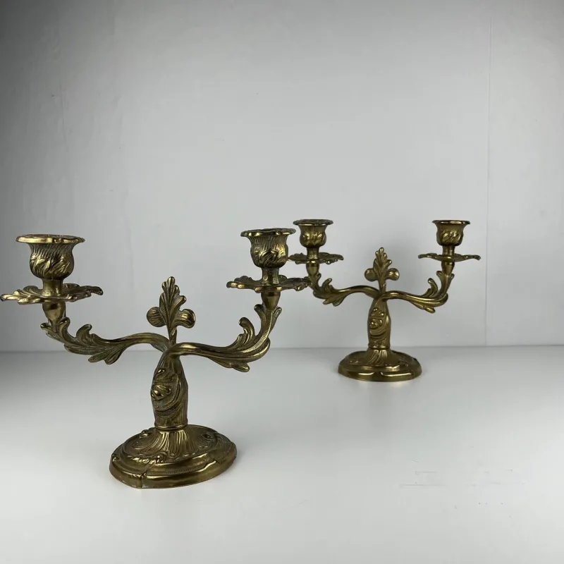 Pamono Gilt Brass Candlesticks with Two Arms, 1920s, Set of 2> Candleholders
