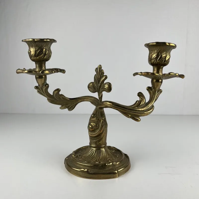 Pamono Gilt Brass Candlesticks with Two Arms, 1920s, Set of 2> Candleholders