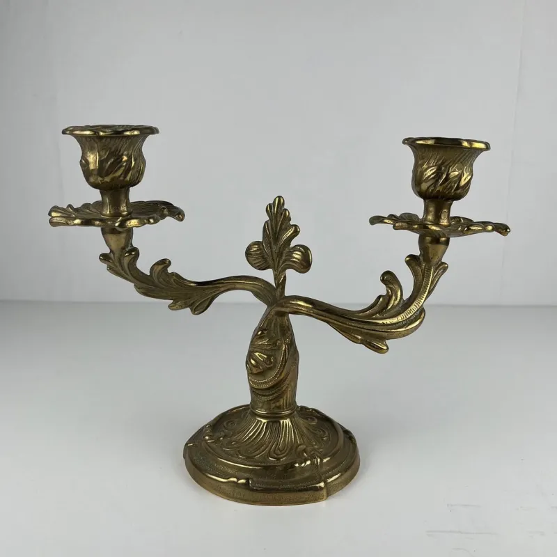 Pamono Gilt Brass Candlesticks with Two Arms, 1920s, Set of 2> Candleholders