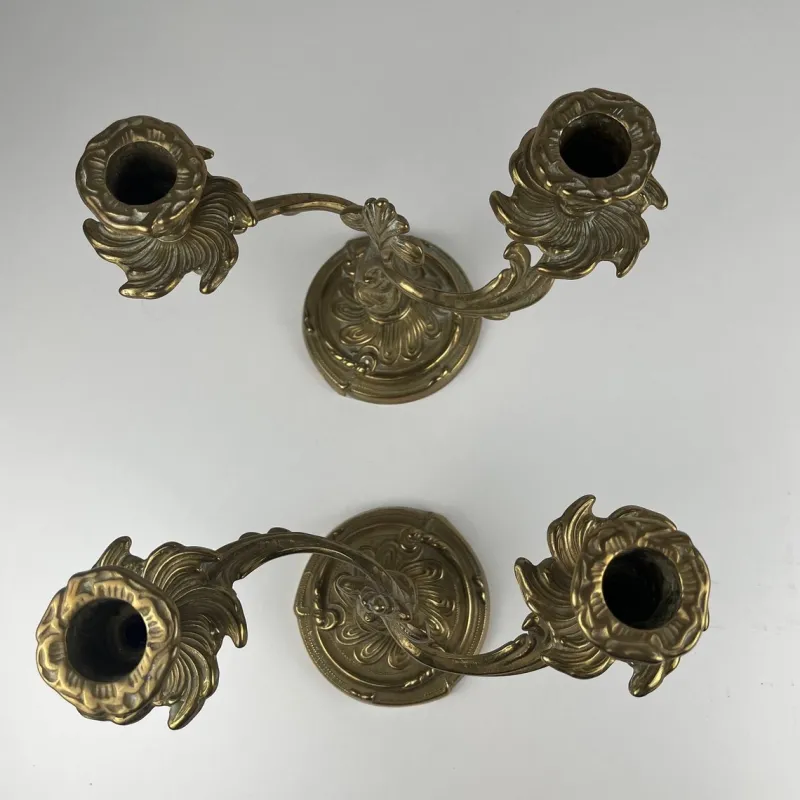 Pamono Gilt Brass Candlesticks with Two Arms, 1920s, Set of 2> Candleholders
