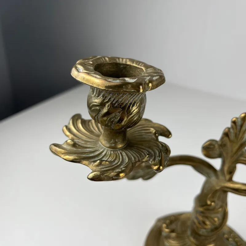 Pamono Gilt Brass Candlesticks with Two Arms, 1920s, Set of 2> Candleholders