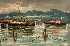 Sale Pamono Giolitti, Seascape with Moored Boats, 20th Century, Oil Painting on Canvas, Framed
