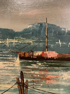 Sale Pamono Giolitti, Seascape with Moored Boats, 20th Century, Oil Painting on Canvas, Framed