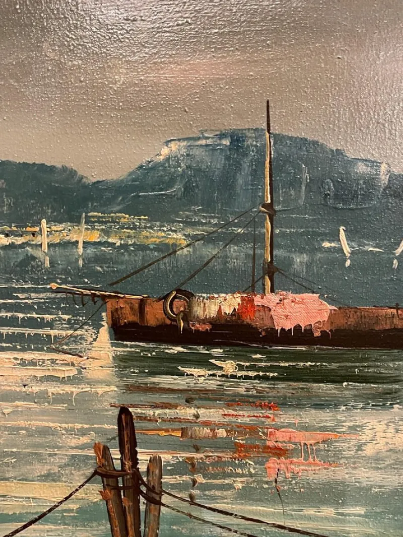 Sale Pamono Giolitti, Seascape with Moored Boats, 20th Century, Oil Painting on Canvas, Framed