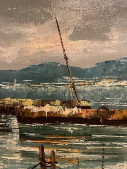 Sale Pamono Giolitti, Seascape with Moored Boats, 20th Century, Oil Painting on Canvas, Framed