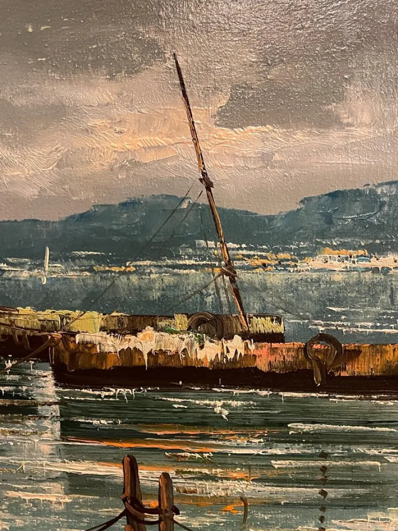 Sale Pamono Giolitti, Seascape with Moored Boats, 20th Century, Oil Painting on Canvas, Framed