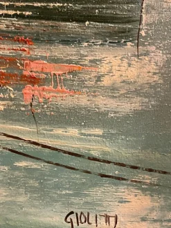 Sale Pamono Giolitti, Seascape with Moored Boats, 20th Century, Oil Painting on Canvas, Framed
