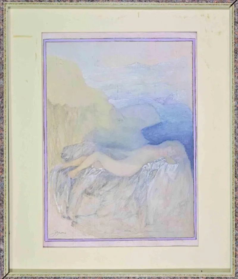 New Pamono Giovanni Gromo, Reclined Nude, Mixed Media, 1980s, Framed
