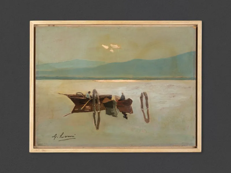 Pamono Giovanni Lomi, Fishing Boats, Oil on Wooden Panel, Framed> Impressionist
