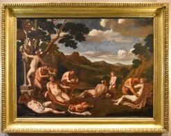 Pamono Giulio Carpioni, Bacchanal Bacchus Mythological Carpioni Scene, 1660, Oil on Canvas, Framed> Old Masters