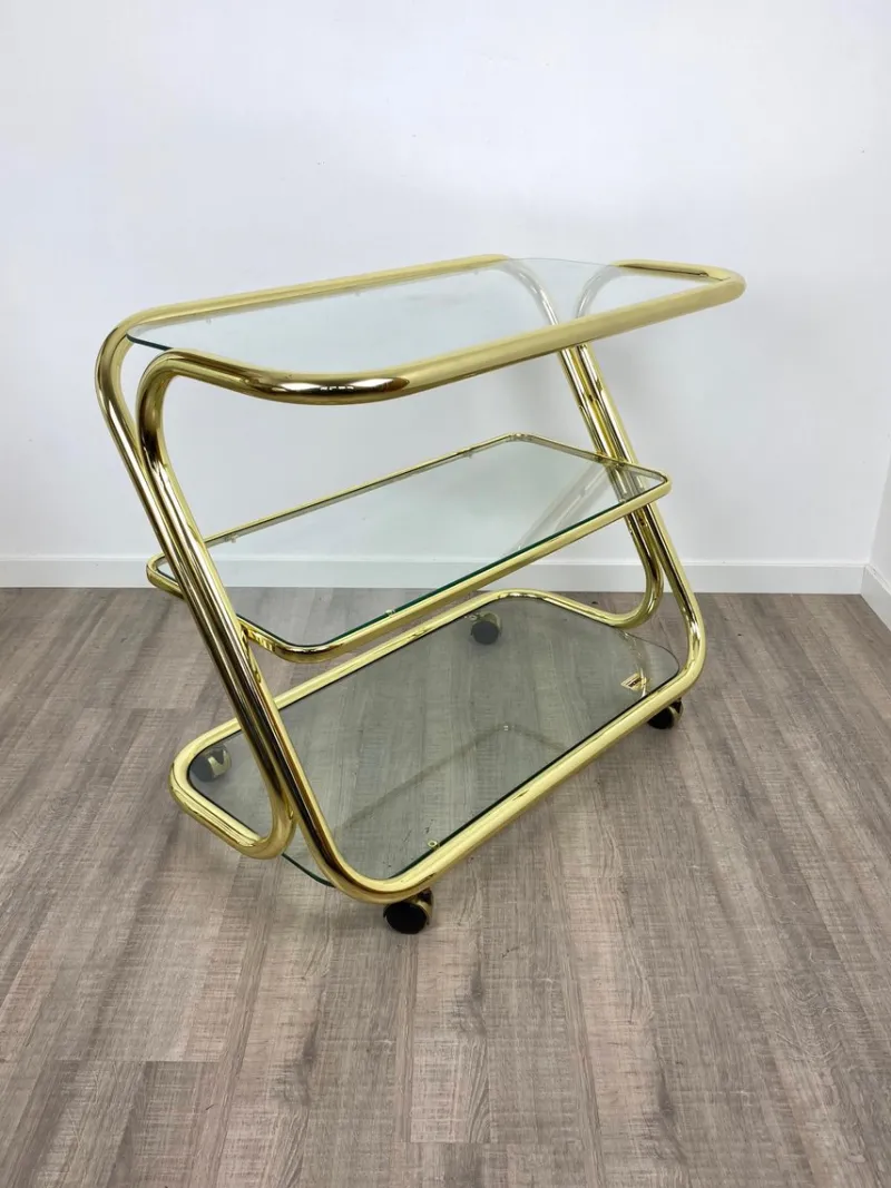 Pamono Glass & Golden Metal Serving Cart Trolley by Morex, Italy, 1980s> Serving Bar Carts & Trolleys
