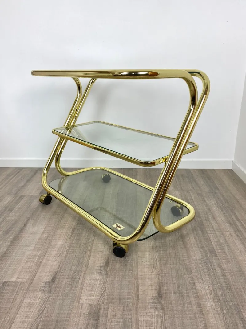 Pamono Glass & Golden Metal Serving Cart Trolley by Morex, Italy, 1980s> Serving Bar Carts & Trolleys