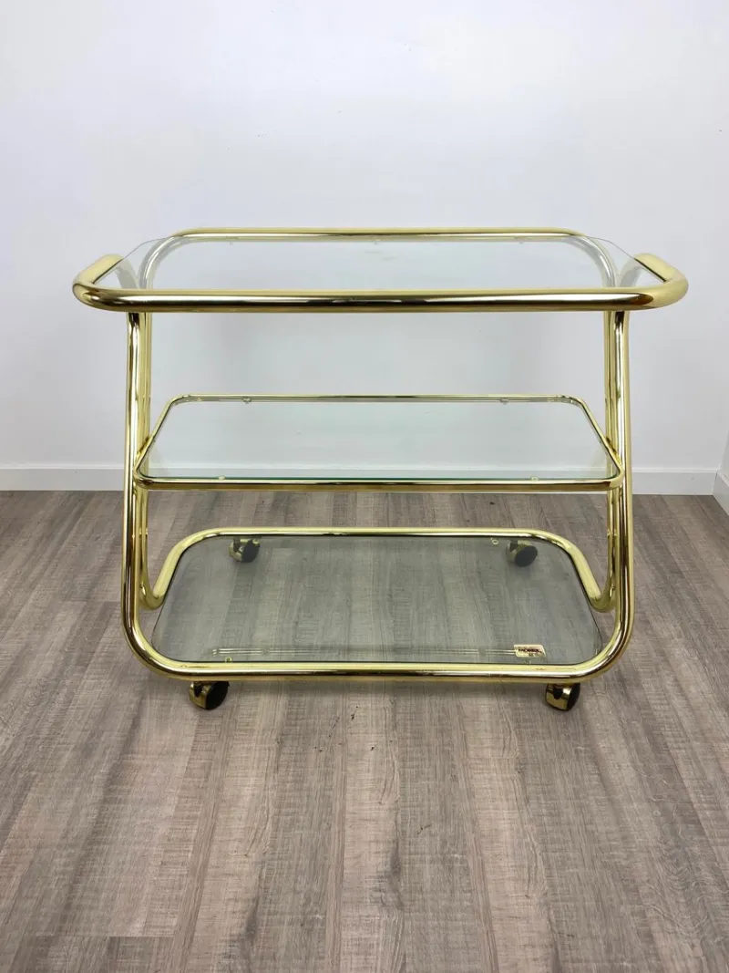 Pamono Glass & Golden Metal Serving Cart Trolley by Morex, Italy, 1980s> Serving Bar Carts & Trolleys