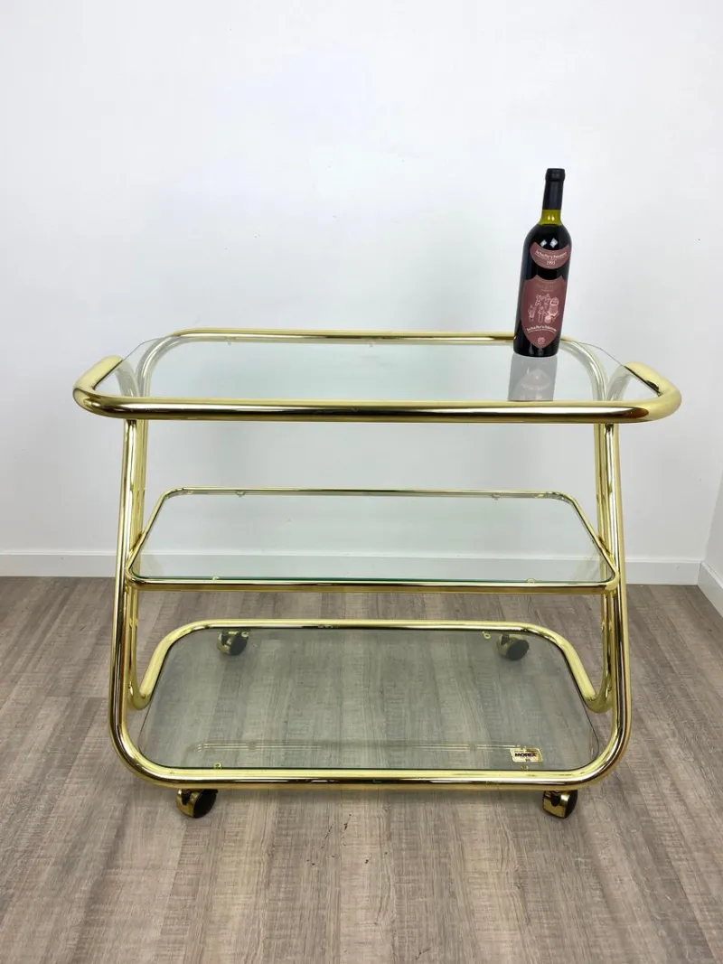 Pamono Glass & Golden Metal Serving Cart Trolley by Morex, Italy, 1980s> Serving Bar Carts & Trolleys
