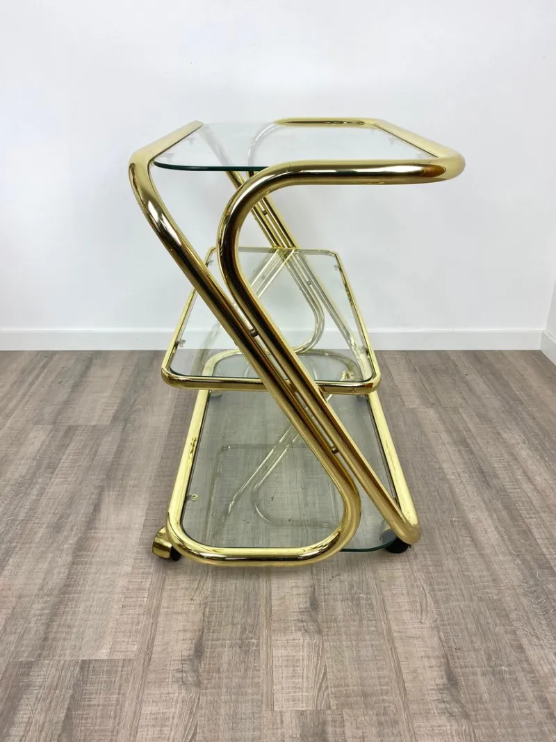 Pamono Glass & Golden Metal Serving Cart Trolley by Morex, Italy, 1980s> Serving Bar Carts & Trolleys