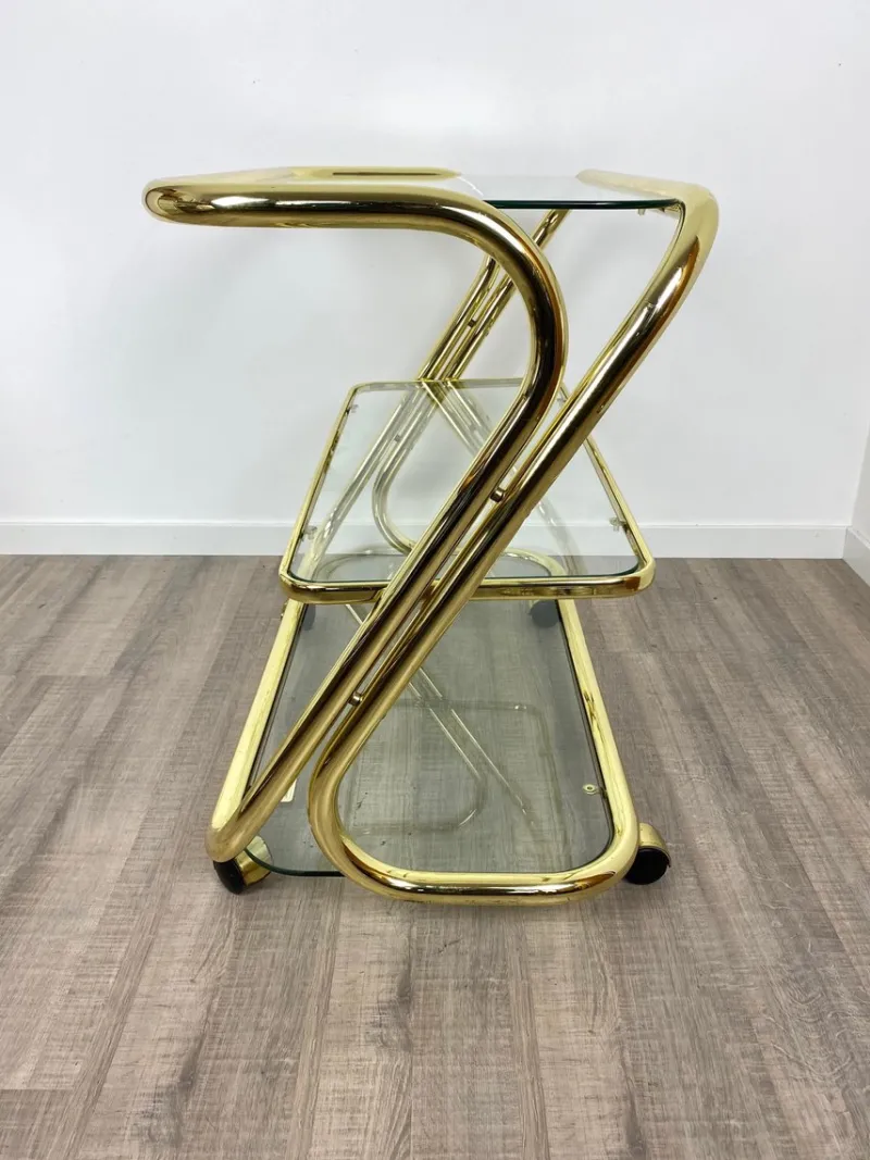 Pamono Glass & Golden Metal Serving Cart Trolley by Morex, Italy, 1980s> Serving Bar Carts & Trolleys