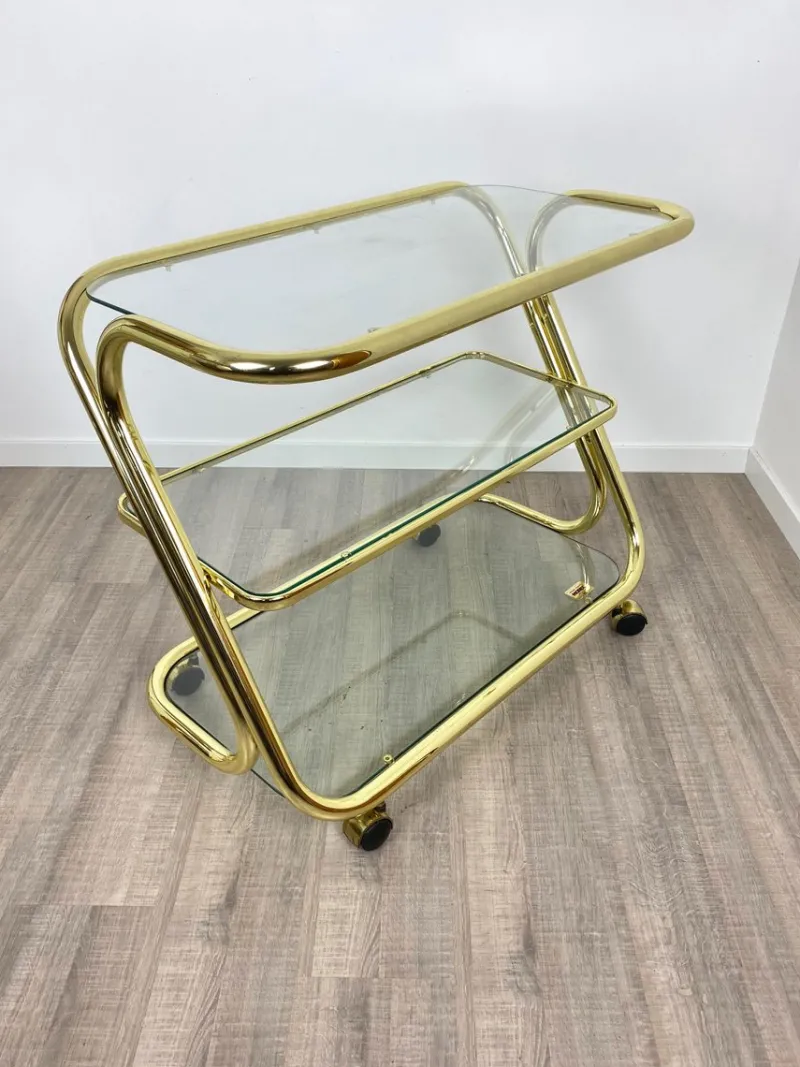Pamono Glass & Golden Metal Serving Cart Trolley by Morex, Italy, 1980s> Serving Bar Carts & Trolleys