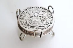 Pamono Glass Hamburg State Coat of Arms Coasters in Sterling Silver, 1960s, Set of 7> Dinnerware Accessories