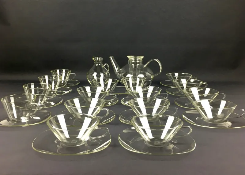 Pamono Glass Tea Service by Heinrich Löffelhardt for Schott & Gen. Mainz, 1955, Set of 17> Coffee & Tea Service