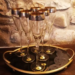 Pamono Glasses and Tray in Murano Glass with Hand-Decorated 24 Karat Gold Finishes from GN Murano, 1970s, Set of 7><noscript><img width=