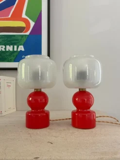 Sale Pamono Globes Bedside Lamps in Bright Red Glass, 1960, Set of 2