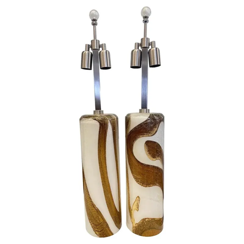 Pamono Gold and Amber Murano Glass Table Lamps by Simoeng, Set of 2> Table Lamps