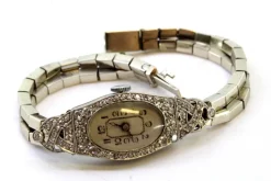 Pamono Gold and Platinum Watch with Cut-Out Case, Brilliant-Cut Diamonds and Double Parallel Bracelet><noscript><img width=