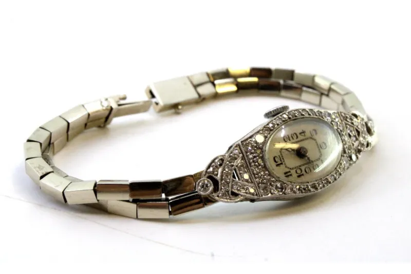 Pamono Gold and Platinum Watch with Cut-Out Case, Brilliant-Cut Diamonds and Double Parallel Bracelet> Watches