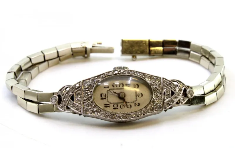 Pamono Gold and Platinum Watch with Cut-Out Case, Brilliant-Cut Diamonds and Double Parallel Bracelet> Watches