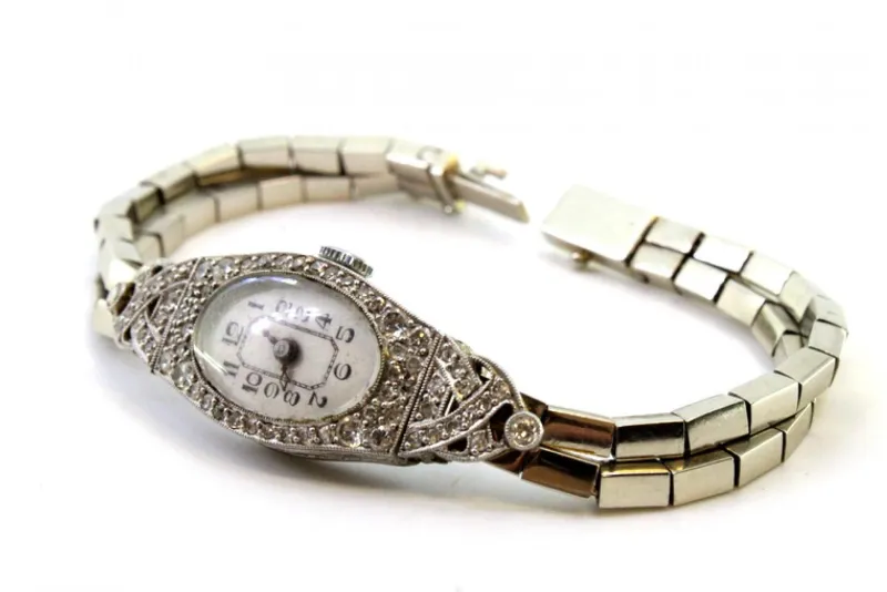 Pamono Gold and Platinum Watch with Cut-Out Case, Brilliant-Cut Diamonds and Double Parallel Bracelet> Watches