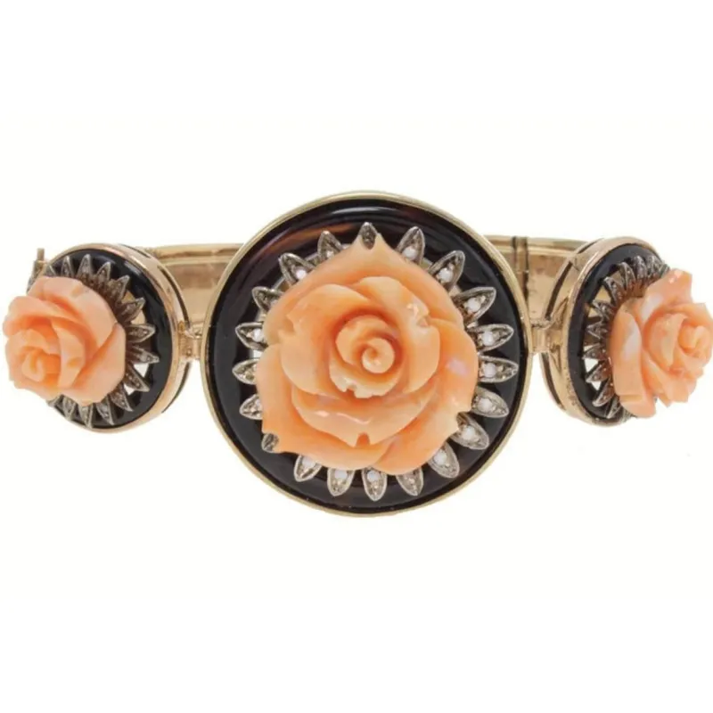 Hot Pamono Gold and Silver Bracelet with Rose Corals, Onyx and Diamond