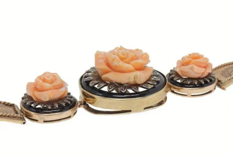 Hot Pamono Gold and Silver Bracelet with Rose Corals, Onyx and Diamond