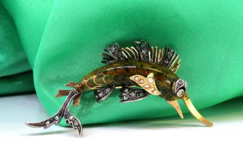 Online Pamono Gold and Silver Brooch with Diamond Flakes and Enamel