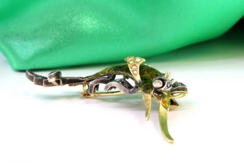 Online Pamono Gold and Silver Brooch with Diamond Flakes and Enamel