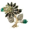 Pamono Gold and Silver Brooch with Diamonds, Emeralds, Onyx and Green Agate Rose> Brooches