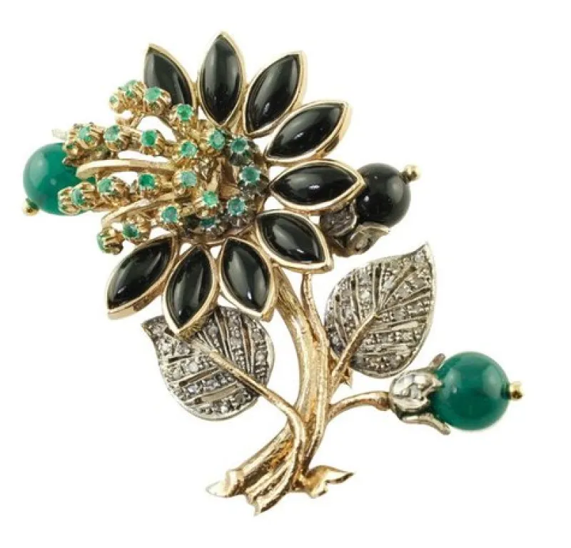 Pamono Gold and Silver Brooch with Diamonds, Emeralds, Onyx and Green Agate Rose> Brooches