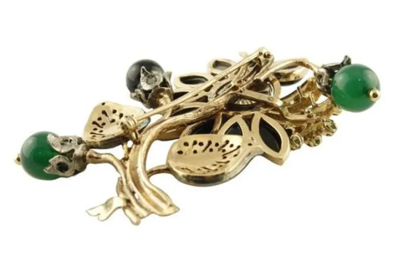 Pamono Gold and Silver Brooch with Diamonds, Emeralds, Onyx and Green Agate Rose> Brooches