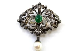 Hot Pamono Gold and Silver Brooch with Diamond Chips, Faux Pearl and Central Synthetic Cabochon