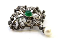 Hot Pamono Gold and Silver Brooch with Diamond Chips, Faux Pearl and Central Synthetic Cabochon
